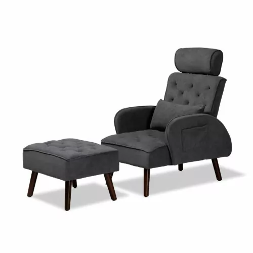 BAXTON STUDIO HALDIS MODERN AND CONTEMPORARY GREY VELVET FABRIC UPHOLSTERED AND WALNUT BROWN FINISHED WOOD 2-PIECE RECLINER CHAIR AND OTTOMAN SET