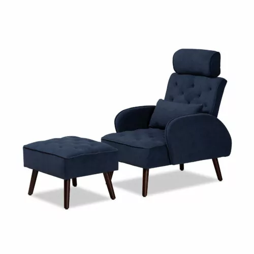 BAXTON STUDIO HALDIS MODERN AND CONTEMPORARY NAVY BLUE VELVET FABRIC UPHOLSTERED AND WALNUT BROWN FINISHED WOOD 2-PIECE RECLINER CHAIR AND OTTOMAN SET